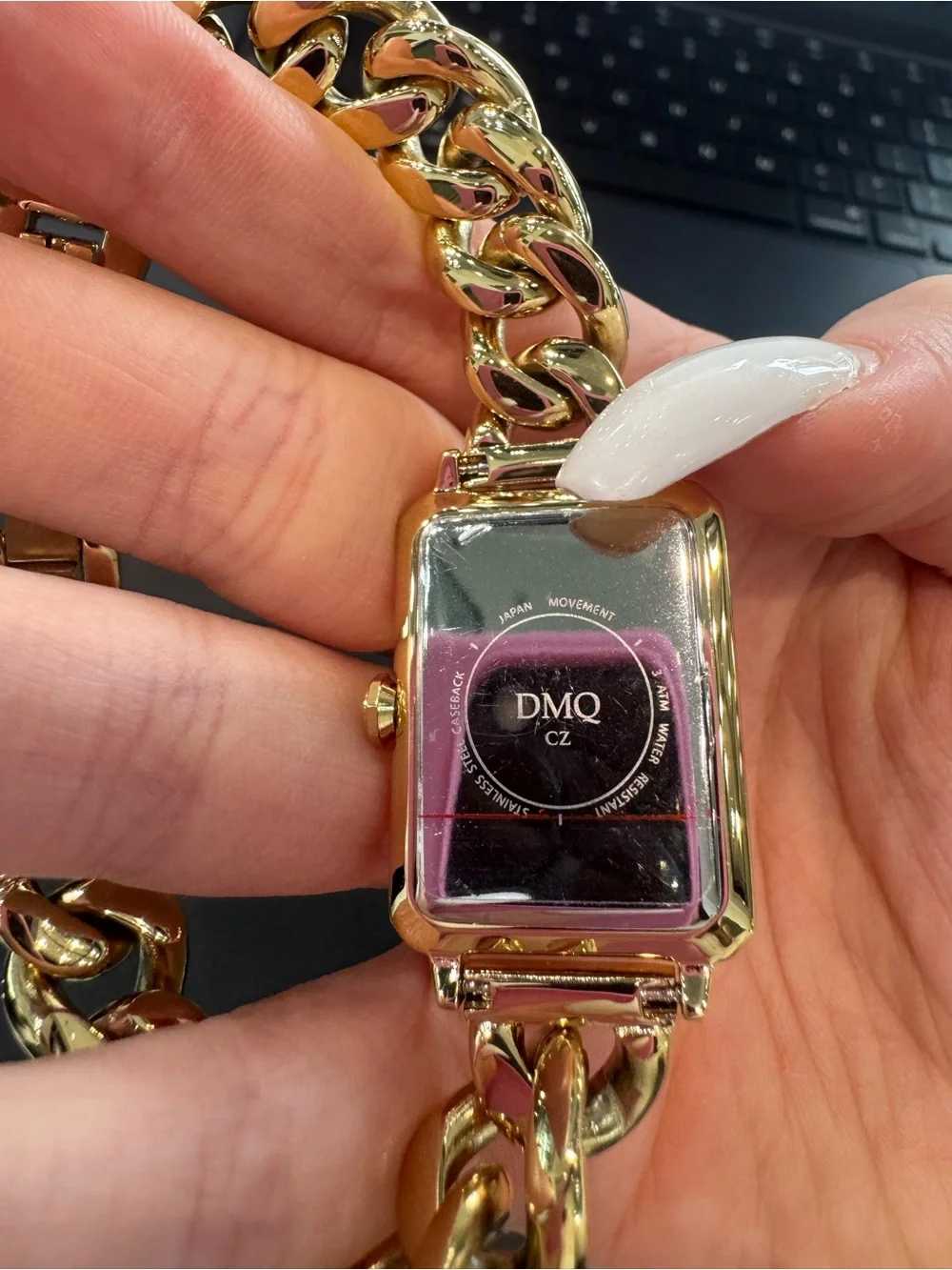 New DMQ Women’s Gold-Tone Rectangular Watch with Rhinestone Bezel and Bracelet